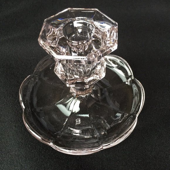 Clear Art Glass Candlestick Holder Flower Petal Fluted Base Hexagonal Top Vtg - Picture 2 of 12